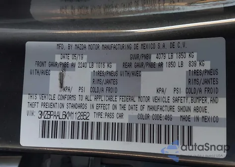 2019 Mazda Mazda3 Select Package from USA, damaged, VIN 3MZBPAAL6KM112852